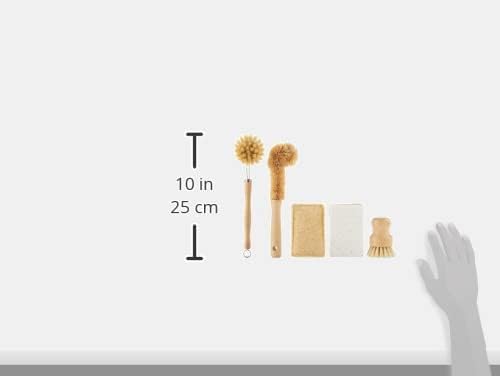 Tieralia Bamboo Dish Brush Gift Set – 5-Piece Kitchen Cleaning Set with Bottle Brush Round Scrub Brush Palm Brush &amp 2 Plant-Based Sponges | Wooden Handle Cleaning Tools for Dishes &amp Surfaces