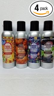 Smoke Odor Exterminator 198 gm/ 7 oz Large Spray Assorted Sandalwood Set of Four Cans. Includes Sandalwood Pumpkin Spice Nag Champa &amp Mulberry Spice.