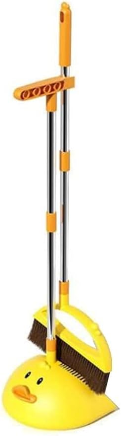 Cute Duck Cleaning Broom and Dustpan Set with Long Handle Stand Up Broom and Dustpan for Home Kitchen Room Office Outdoor Indoor (Yellow)