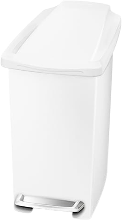 simplehuman 10 Liter / 2.6 Gallon Compact Slim Bathroom or Office Step Trash Can White Plastic