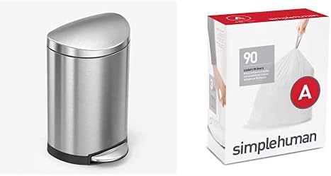 simplehuman 6 Liter / 1.6 Gallon Semi-Round Bathroom Step Trash Can Brushed Stainless Steel &amp Code A Custom Fit Drawstring Trash Bags 4.5 Liter / 1.2 Gallon 90 Pack White 90 Count