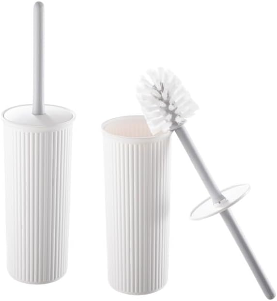 Decorative Plastic Toilet Bowl Brush and Holder Set White (2 Pack) Cleaner Scrubber for Bathroom - Ribbed Design