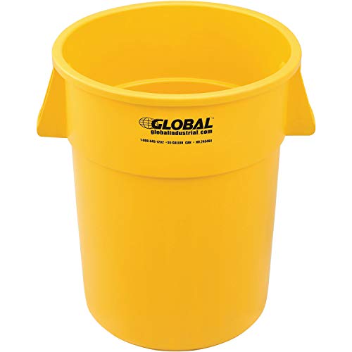Global Industrial Commercial Round Trash Can 55 Gallon Capacity Plastic Garbage Can Indoor and Outdoor Utility Trash Can Yellow 26-1/4W x 33-1/8H No Lid
