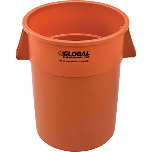 Global Industrial Commercial Round Trash Can 55 Gallon Capacity Plastic Garbage Can Indoor and Outdoor Utility Trash Can Orange 26-1/4W x 33-1/8H No Lid