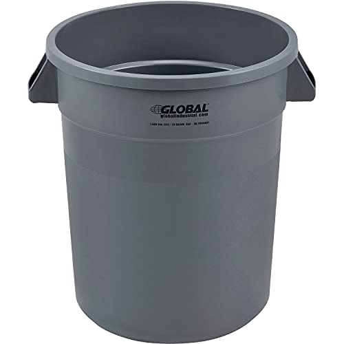 Global Industrial Commercial Round Trash Can 20 Gallon Capacity Plastic Garbage Can Indoor and Outdoor Utility Trash Can Gray 19 W x 22-1/2H No Lid
