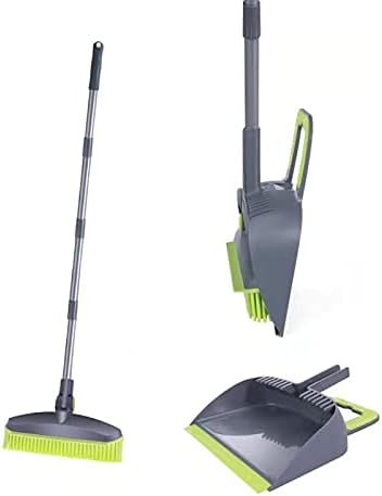 Adjustable Rubber Push Broom and Dustpan SetSelf Cleaning Indoor Outdoor Angle Brooms with Dust pan for HomeLong Handle for Floor Sweeping KidsCarpet Dog Cat Pets Offices Use