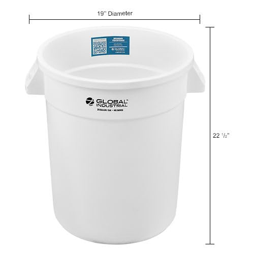 Global Industrial Commercial Round Trash Can 20 Gallon Capacity Plastic Garbage Can Indoor and Outdoor Utility Trash Can White 19 W x 22-1/2H No Lid