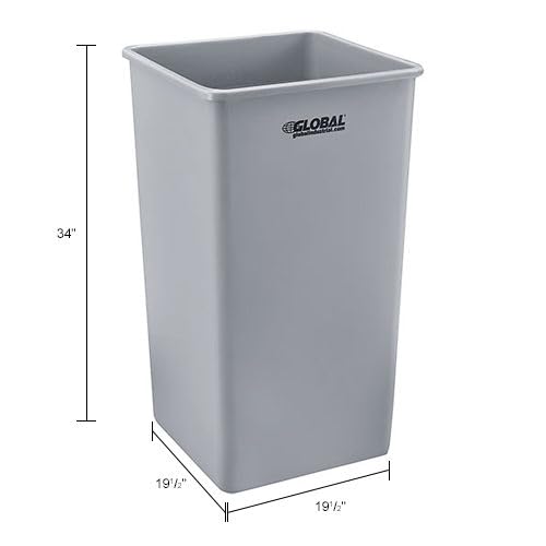 Global Industrial Square Plastic Garbage Can Open Top 55 Gallon Capacity Indoor/Outdoor Rated 19-1/2W x 19-1/2D x 34H Utility Trash Can No Lid Gray