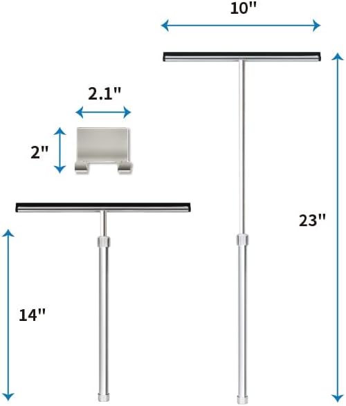 Shower Squeegee with Long Handle and Adhesive Hook. for Glass Doors Tile Walls Mirrors and Windows. Telescoping Squeegee for Cleaning. Bathroom Stainless Steel Squeegee 10inch Wide Chrome – 1pk