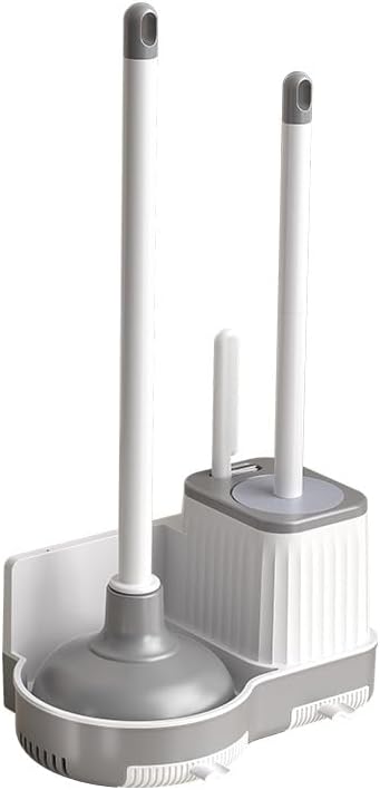 3-in-1 Toilet Brush and Plunger Set with Hidden Holder Vented Stand &amp Drip Tray Hangable or Freestanding 360° Deep-Clean Brush Head + Gap Brush Shatter-Resistant Handles（White）