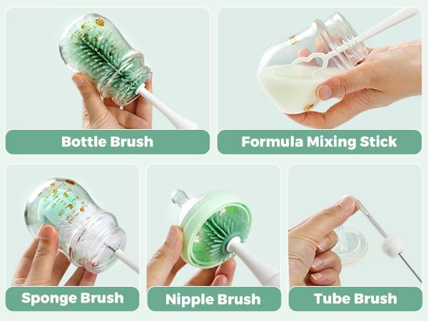 Momcozy 7 in 1 Electric Bottle Brush Kit Portable Cleaning Set with Formula Mixer Silicone Brush Nipple Brush Straw Brush Soap Dispenser Drying Rack - Long Battery Life for Home &amp Travel