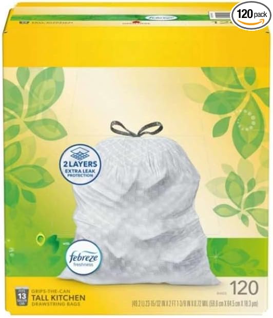 13 Gallon Tall Kitchen Trash Bags with Odor Control Heavy Duty Leak Protection Stretchable Drawstring Bags Fresh Scent Technology 2-Layer Design for Sharp Objects 80 Count