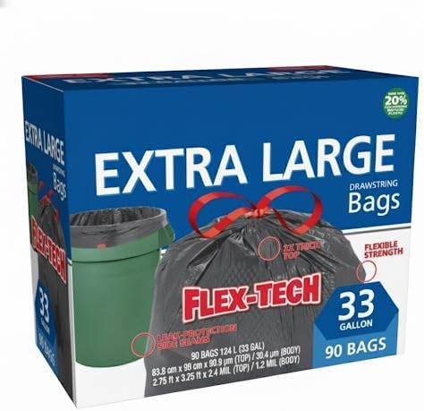 Kirklant Signatures Flex-Tech 33 Gallon Extra Large Trash Bags Drawstring Leak Protection &amp Tear Resistant Black 90 Count