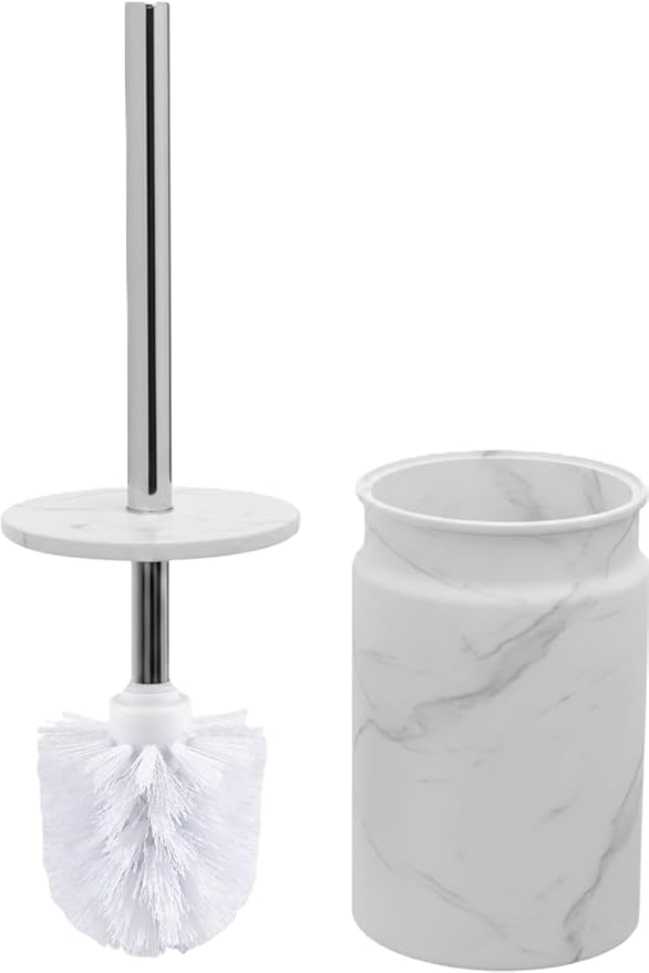 Toilet Brush and Holder Set - Toilet Bowl Brush and Holder with Sturdy Bristles for Thorough Cleaning - Concealed White Bathroom Accessories Toilet Cleaner Brush for Bathroom (Marble Look)