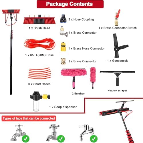 Glass Cleaning Brush Home Water Fed Telescopic Pole Kit Solar Panel Brush Rotating for Photovoltaic PanelWashing Kit: Water-fed Brush3.6-10.8 m Telescoping Pole Cobweb Duster and Squeegee