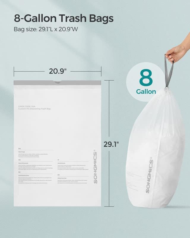 SONGMICS 4-Roll and 2-Roll Drawstring Trash Bags Bundle 8.5 Gal. Garbage Bags for 8 Gal. or 16 Gal. Dual Trash Cans Custom-Fit Liner Code 30A 270 Count Total White UKRB030A04 and UKRB30A02