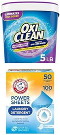 Bundle of OxiClean Odor Blasters Versatile Odor and Stain Remover Powder 5 lb + Arm &amp Hammer Power Sheets Laundry Detergent Fresh Linen 50ct up to 100 Small Loads (Packaging may vary)