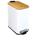 SIDIANBAN Bathroom Trash Can with Bamboo Lid Soft Close and Foot Pedal Small Rectangular Slim Garbage Can with Inner Wastebasket for Bedroom Office Kitchen 1.3Gal/5L White