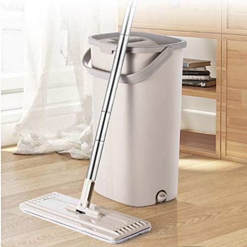 Squeeze Hand Free Flat Mop Bucket with Stainless Steel Handle Wet Dry Floor Cleaning 360 Rotatable Heads with Reusable Pads