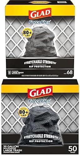 Glad Trash Bags ForceFlex Large Garbage Bags‚ 30 Gallon Black‚ 68 Count + ForceFlexPlus Drawstring Large Garbage Bags Heavy Duty Trash Bags - 30 Gallon Large 50 Count (Bundle)