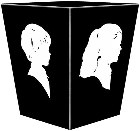 WB8075-Custom White Silhouette on Black Wastepaper Basket Silver Trim
