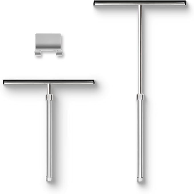 Shower Squeegee with Long Handle and Adhesive Hook. for Glass Doors Tile Walls Mirrors and Windows. Telescoping Squeegee for Cleaning. Bathroom Stainless Steel Squeegee 10inch Wide Chrome – 1pk