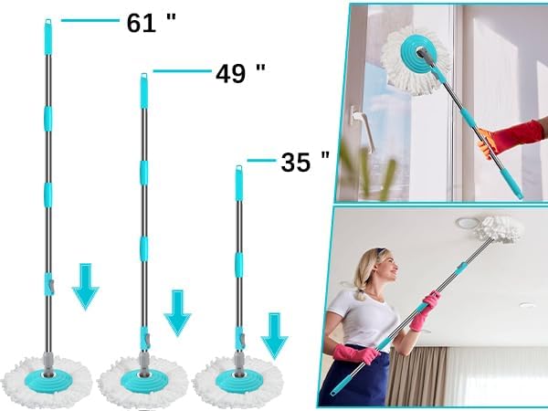 Stainless Steel Extendable Mop Handle with 2 Microfiber Replacement Heads &amp 360° Rotating Base Plate — Fits Standard Mop Buckets -Blue
