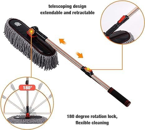 Car Duster Exterior with Extendable Handle Scratch Free Auto Wash Brush Mop Interior Detailing Kit for Truck RV Boat - Microfiber Duster &amp Interior Brush Grey