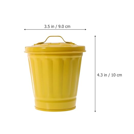 5pcs Mini Desktop Trash Cans with Lid 9cm Diameter Yellow Iron Tiny Garbage Bins Decorative Small Wastebaskets for Office Bedroom Living Room Storage