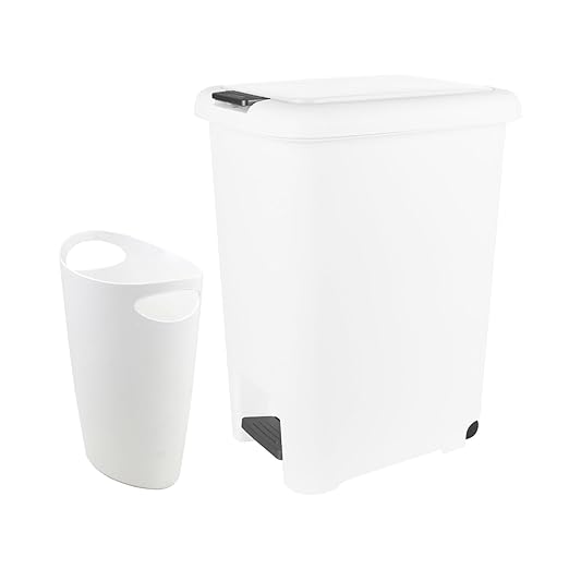 Superio 10L and 45L Slim Step &amp Push Trash Cans - 2 Pack Dual Opening Space-Saving Design Durable Plastic - White