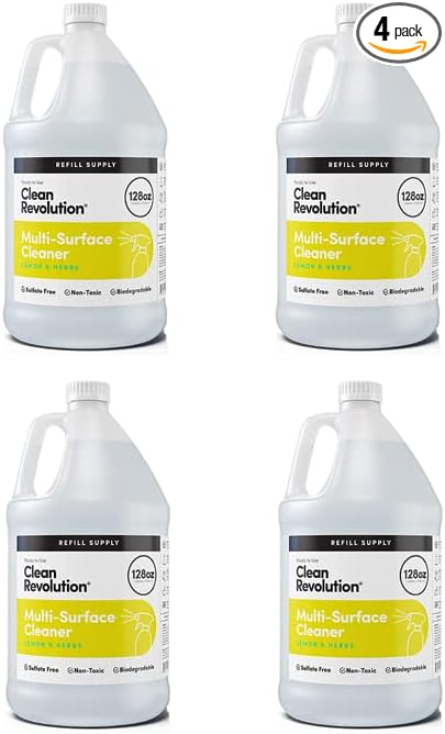Clean Revolution Multi-Surface Cleaner Refill Supply | Non-Toxic Eco-Friendly &amp Plant-Based | Ready To Use | Lemon &amp Herbs | 128 Fl Oz 4 Pack 512 Total Fl Oz