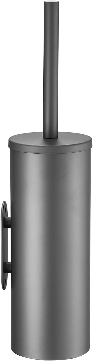 Stainless Steel Toilet Brush and Holder Set No-Punch Hook Base Dual Purpose Toilet Brush Holder with Removable Inner Bucket and Splash Cover - Soft Bristles (Gray)