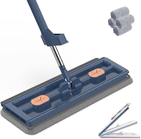 2023 Large Flat Mop Large Flat Mop Wall Cleaning with Long Handle Stainless Steel Long Handle with 4 Microfiber Pads for Floors Corner Window 12027(Blue)
