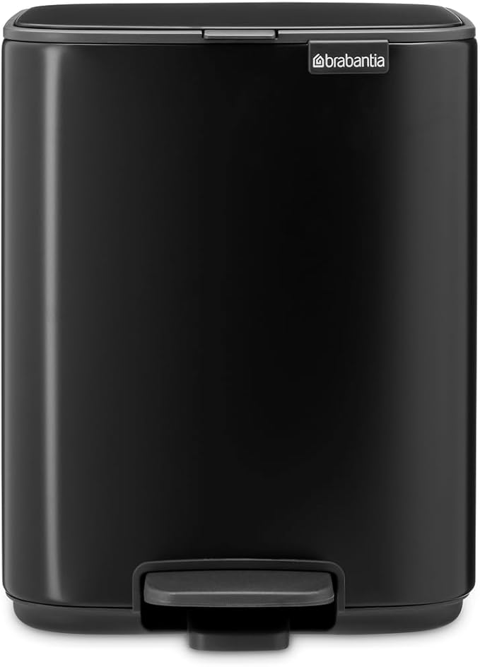 Brabantia Bo Small Step-On Trash Can | 1.8 Gal / 7L | Matt Black | Light-Pedal Soft-Close Bedroom Bathroom Nursery Trash Can Removable Inner Bucket Non-Slip Base | + Trash Bags