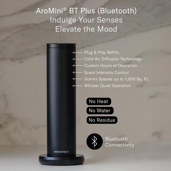 AromaTech New AroMini BT Plus Scent Diffuser w/Bluetooth – Cold-Air Diffusion Scent Machine for Home Office Hotel Spa – Nebulizing Diffusion System for Essential Oil Blends (Gold)