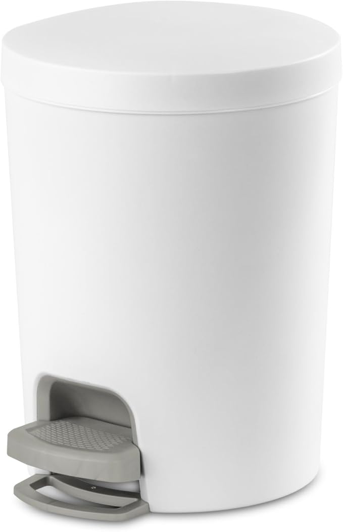 Sterilite 1.6 Gallon StepOn Wastebasket w/Lid Small Plastic Trash Can for the Bathroom Bedroom or Dorm Pedal and Liner White 2-Pack