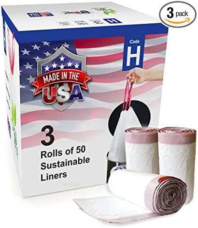 Compatible With Simplehuman Code H - 150 Count (3 Rolls) Durable Custom Fit Plastic Trash Bags w/Drawstring - 30-35 Liter/ 8-9 Gallon Trash Cans - Heavy Duty Garbage Bag - Made in USA
