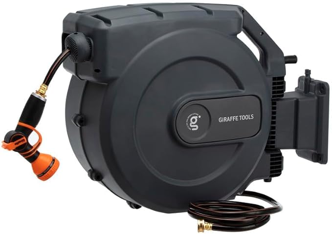 Giraffe Tools AW505/8 Retractable Garden Hose Reel 5/8 x 115+5 ft Heavy Duty Wall Mounted Water Hose Reel Automatic Rewind 180 Deg Swivel Bracket Slow Retraction 115ft Dark Grey