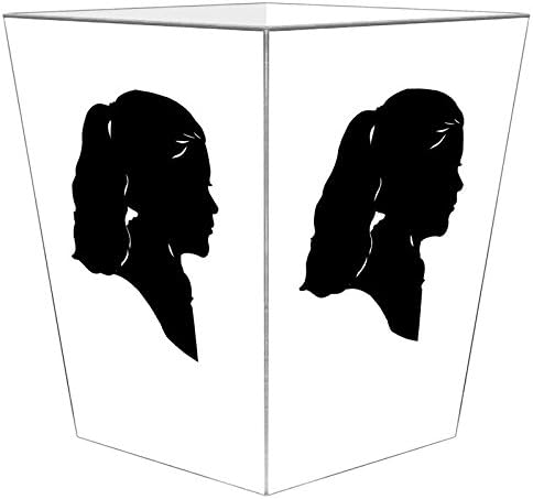 WB8074-Custom Black Silhouette on White Wastepaper Basket Silver Trim