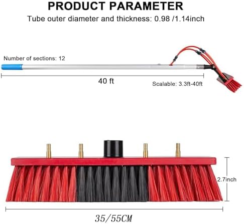 Glass Cleaning Brush Home Water Fed Telescopic Pole Kit Solar Panel Brush Rotating for Photovoltaic PanelTelescopic Window Cleaner Kit - 10M Extendable Pole with 35cm Water Fed Brush Head f