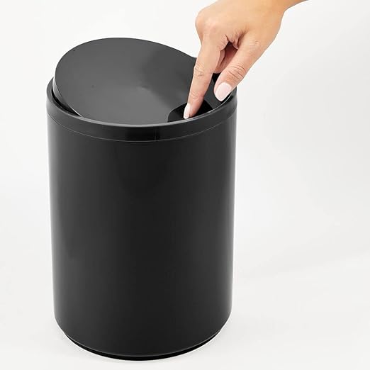 mDesign Plastic Small Slim Round 1.7 Gallon/6.5 Liter Trash Can with Removable Swing Lid - Wastebasket Garbage Container Basket Bin for Master/Guest Bathroom - Holds Rubbish/Recycle - Black