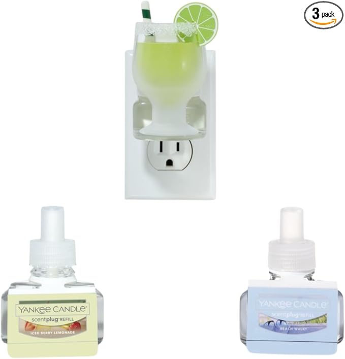 Yankee Candle Tropical Smash Variety Pack - Scent Plug Diffuser Margarita with Light Sensor Scent Plug Refill Iced Berry Lemonade and Beach Walk Variety Pack