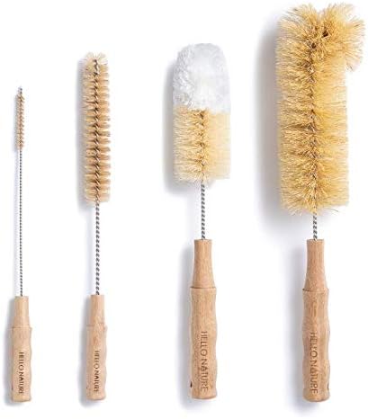 4 Pcs Bamboo Bottle Brush Set by HELLO NATURE – Long Handle Cleaning Brushes for Water Bottles Baby Bottles &amp Glassware Sustainable &amp Plastic-Free