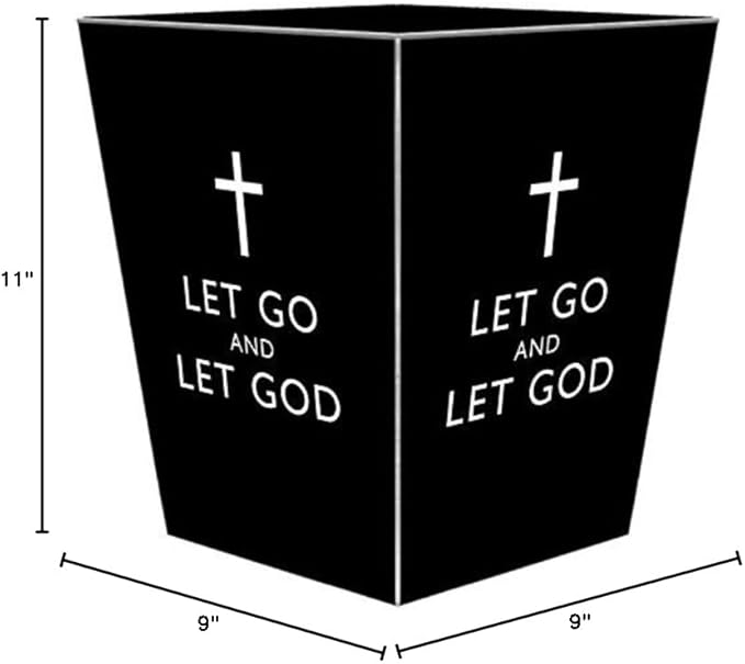 Marye-Kelley-Let Go and Let God Black Wastepaper Basket Decoupage Wood Decorative Wastebasket for Kitchen Bathroom Bedroom Living Room Handmade Made in The USA