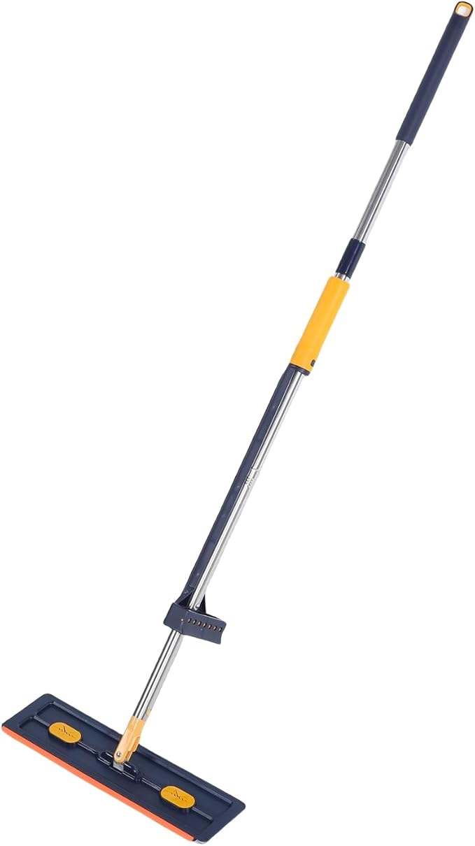 Brrnoo Flat Mop with Scraper 360 Degree Rotation Mop with Built in Scraper and Toothed Comb Lightweight Floor with 54 Inch Adjustable Stainless Steel Handle (Dark Blue+6 Microfiber Reusable Pads)