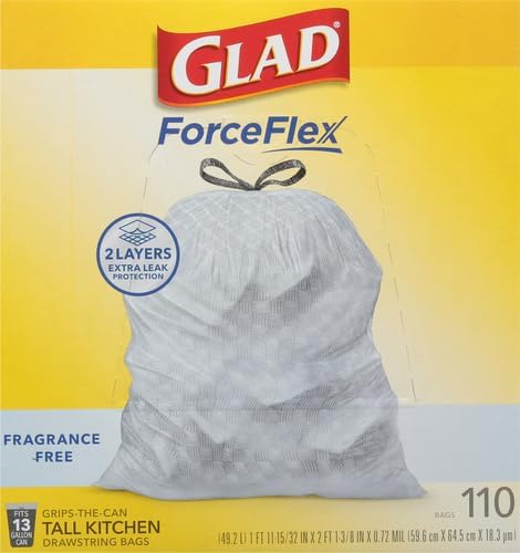 Glad ForceFlex Tall Kitchen Drawstring Trash Bags13 GalFragrance Free110 Ct (Package May Vary)(Pack of 3)