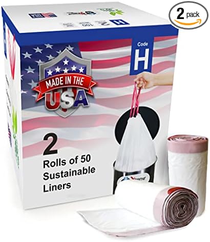 Compatible With Simplehuman Code H - 100 Count Durable Custom Fit Plastic Trash Bags w/Drawstring - 30-35 Liter/ 8-9 Gallon Trash Cans - Heavy Duty Garbage Bag - Made in USA