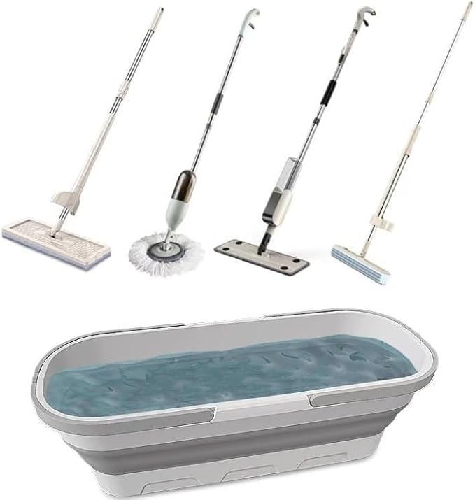 2024 New Large Flat Mop for Wet and Dry Use 54 Adjustable Stainless Steel Long Handle with 2 Washable Microfiber Pads 360 Rotating Dust Mop 12027(White Bucket)