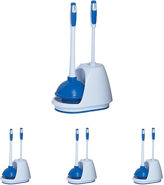 Mr. Clean Toilet Plunger and Bowl Brush Combo with Caddy 3-Piece Heavy-Duty Plunger Toilet Brush and Caddy Set White/Blue (Pack of 4)