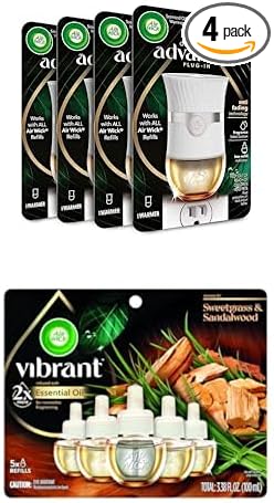 Air Wick Advanced Plug In Scented Oil Warmer (Pack of 4 Gadget Only) + 5ct Vibrant Refills Sweetgrass &amp Sandalwood